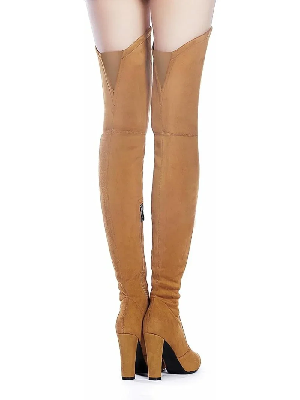 Women's Brown Stretch Suede Chunky Heel Over The Knee Thigh High Boots